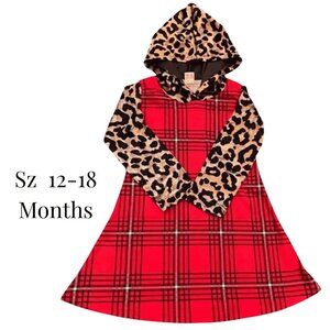 Christmas Dress, Long Sleeve, Red Plaid, Leopard Print, Hood A-line, Sz 12-18 Mt
